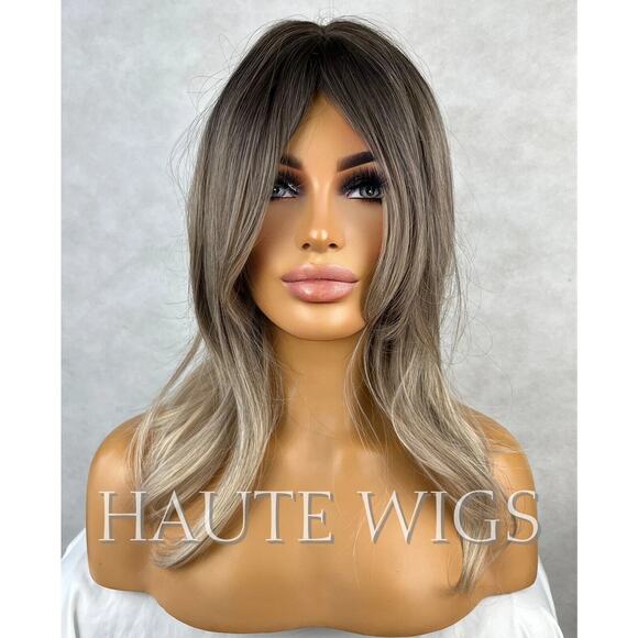 14 Inch Ash Blonde Brown Cool Toned Dirty Ombre Brown Wig With Fringe Bangs Cent - Picture 1 of 5